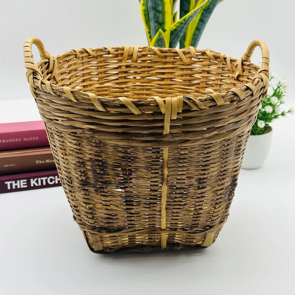 Vintage Bamboo Woven Basket with Handles Square Base Round Top Asian Boho